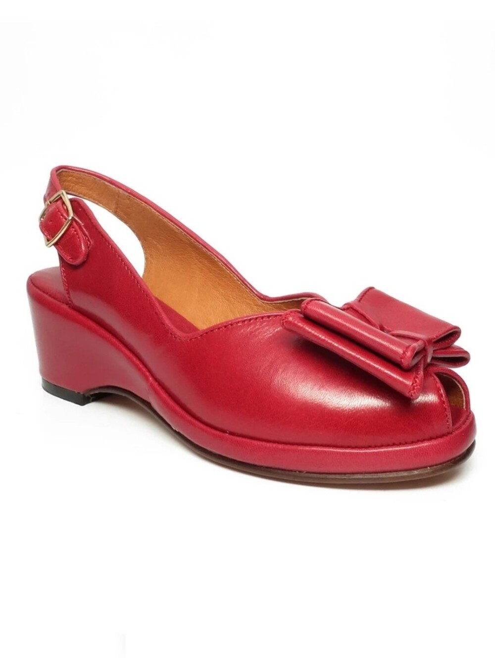 Re-mix Classic Vintage Gloria Red Leather Slingback Wedge  Heels with Bow Size 7